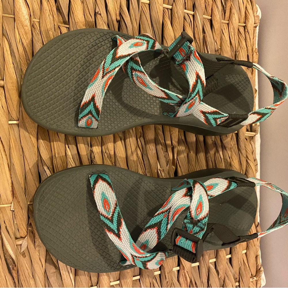 Chaco Women's Sandals with Teal and Orange Patterned Straps